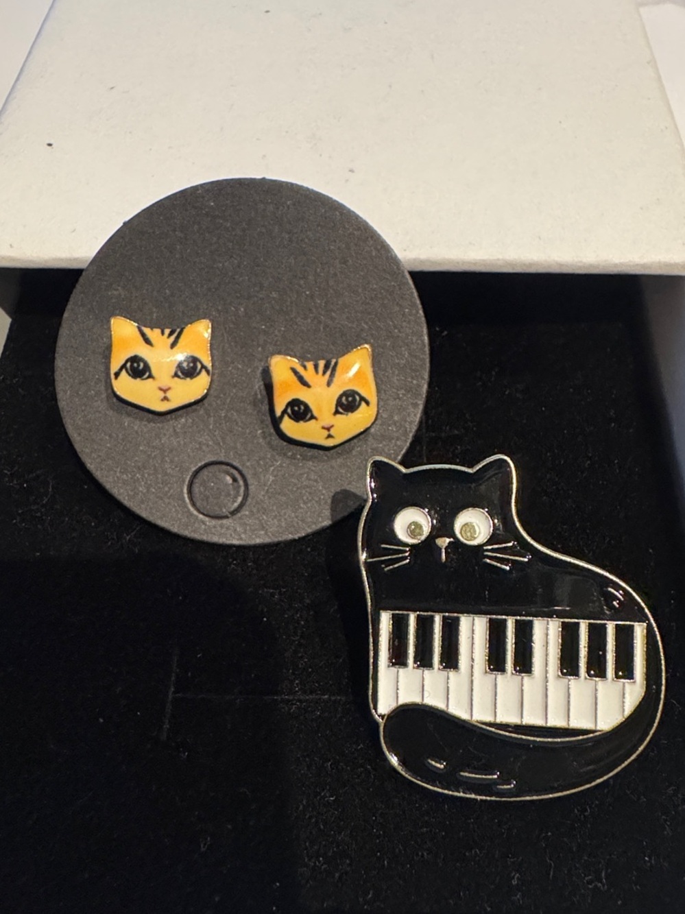 Black Cat Piano Enamel Pin and Orange Cat Stud Earring Set